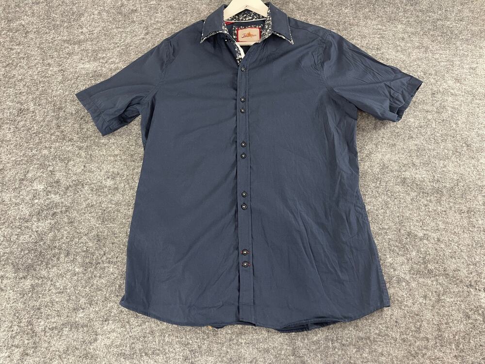 Joe Browns Shirt Mens Medium Button Up Navy Blue Short Sleeve Cotton N324